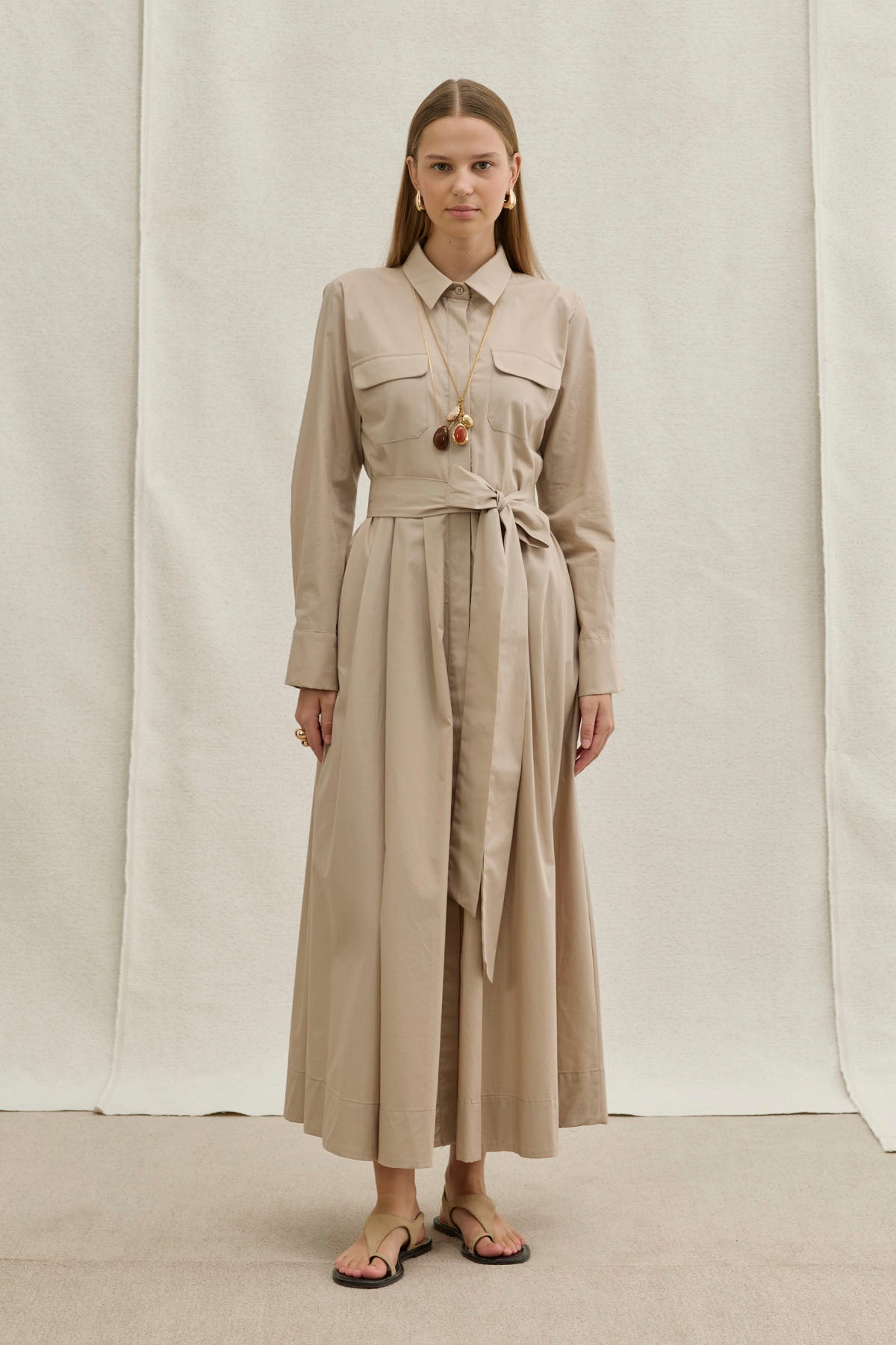 Soft Cotton Long Stone Dress with Belt