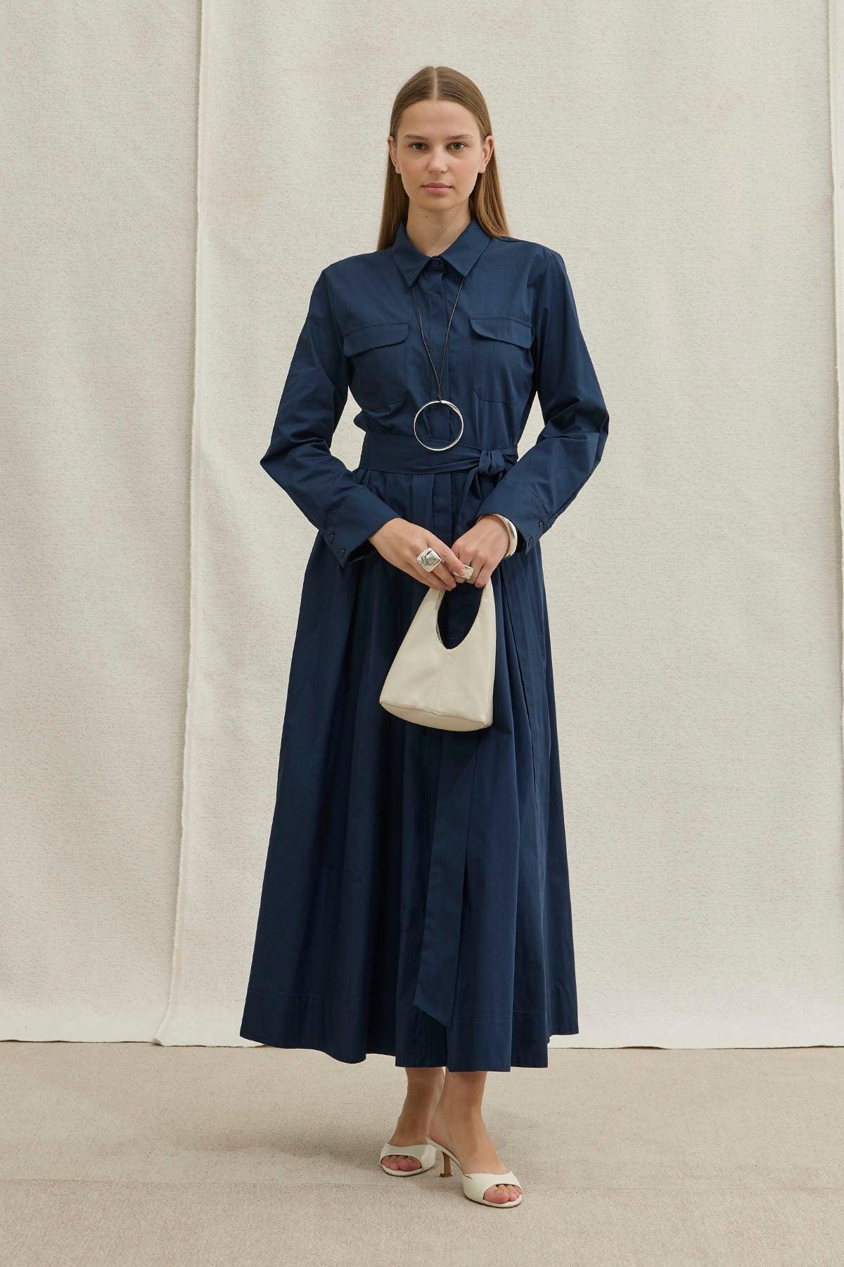 Soft Cotton Long Navy Dress with Belt