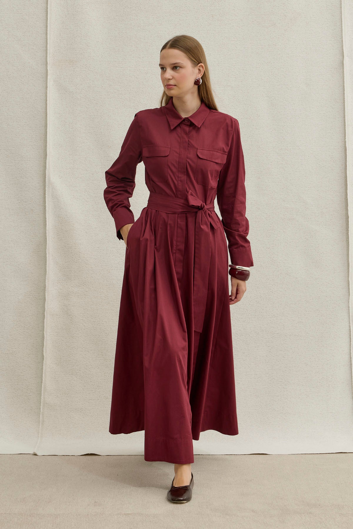Soft Cotton Kuşaklı Uzun Bordo Elbise