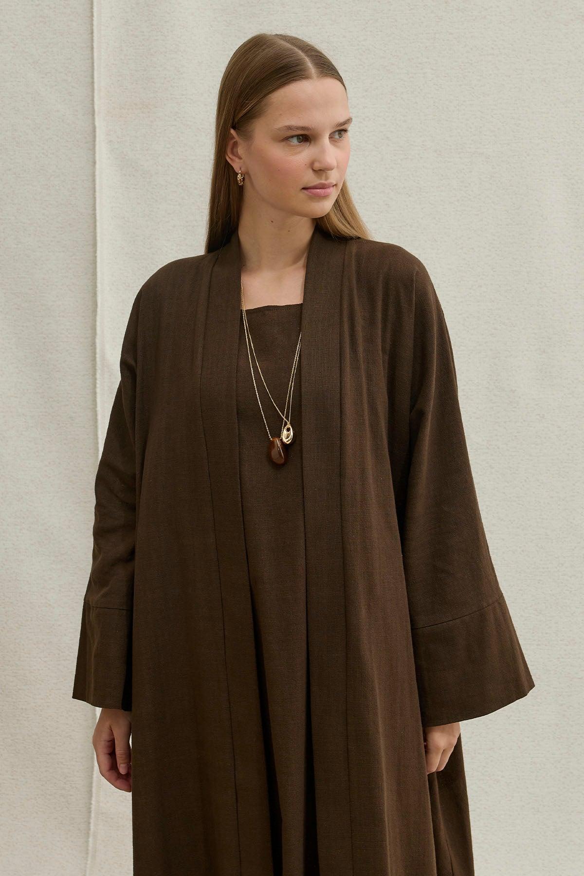 Soft Cotton Linen Two-Piece Brown Abaya Set