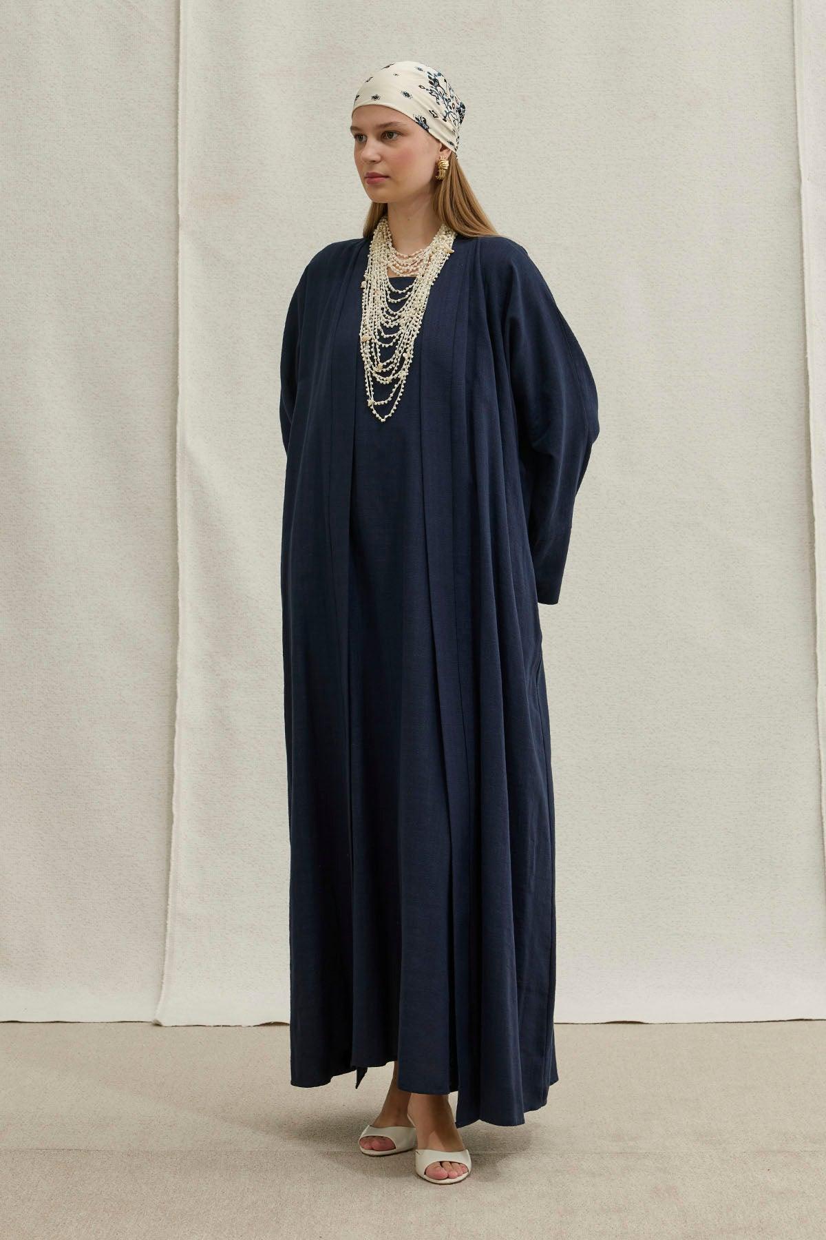 Soft Cotton Linen Two-Piece Navy Blue Abaya Set