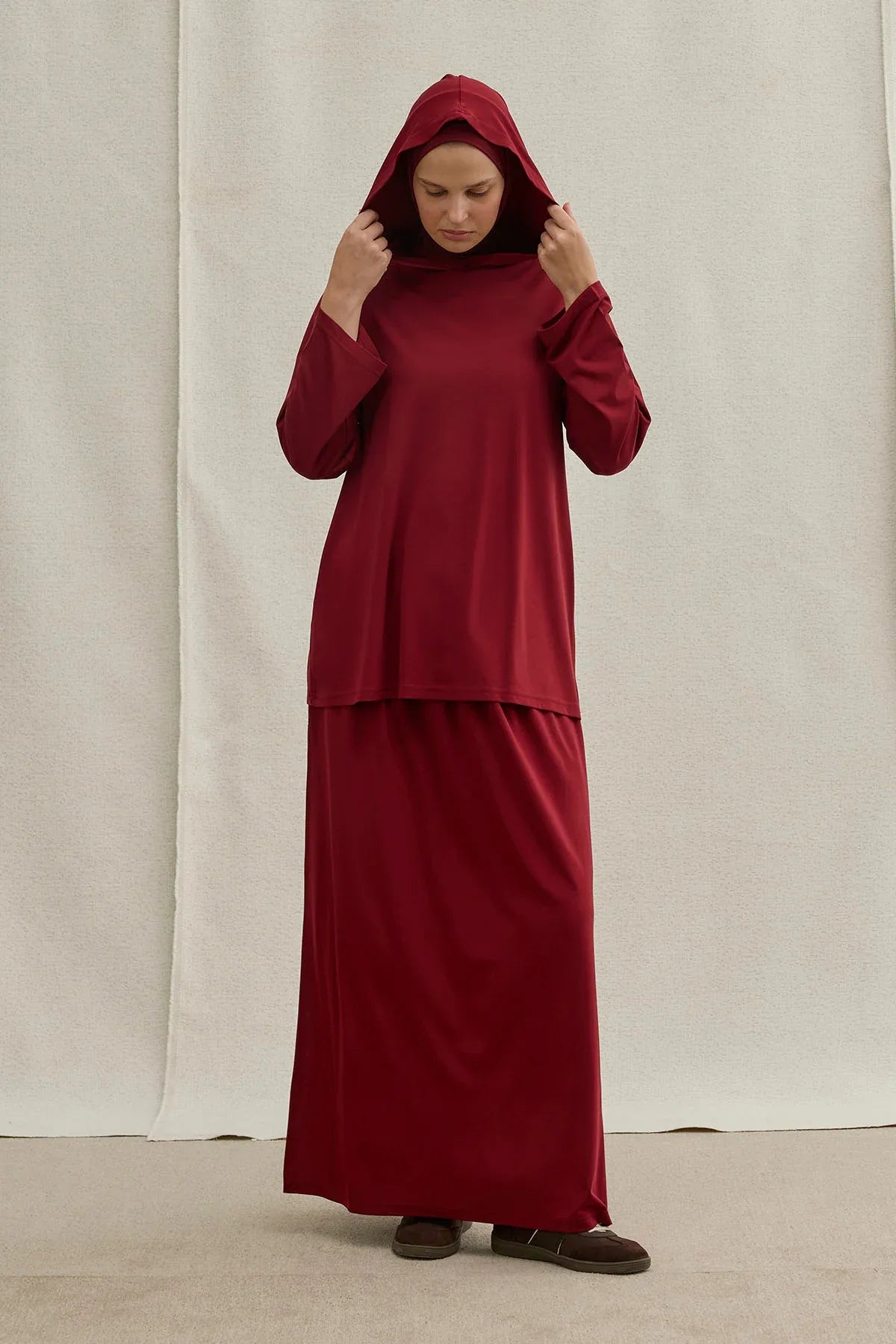 Actıve Modest Kapüşonlu Tesettür Spor Bordo Takım