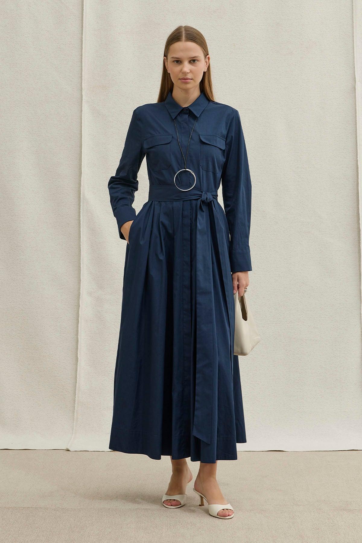 Soft Cotton Long Navy Dress with Belt