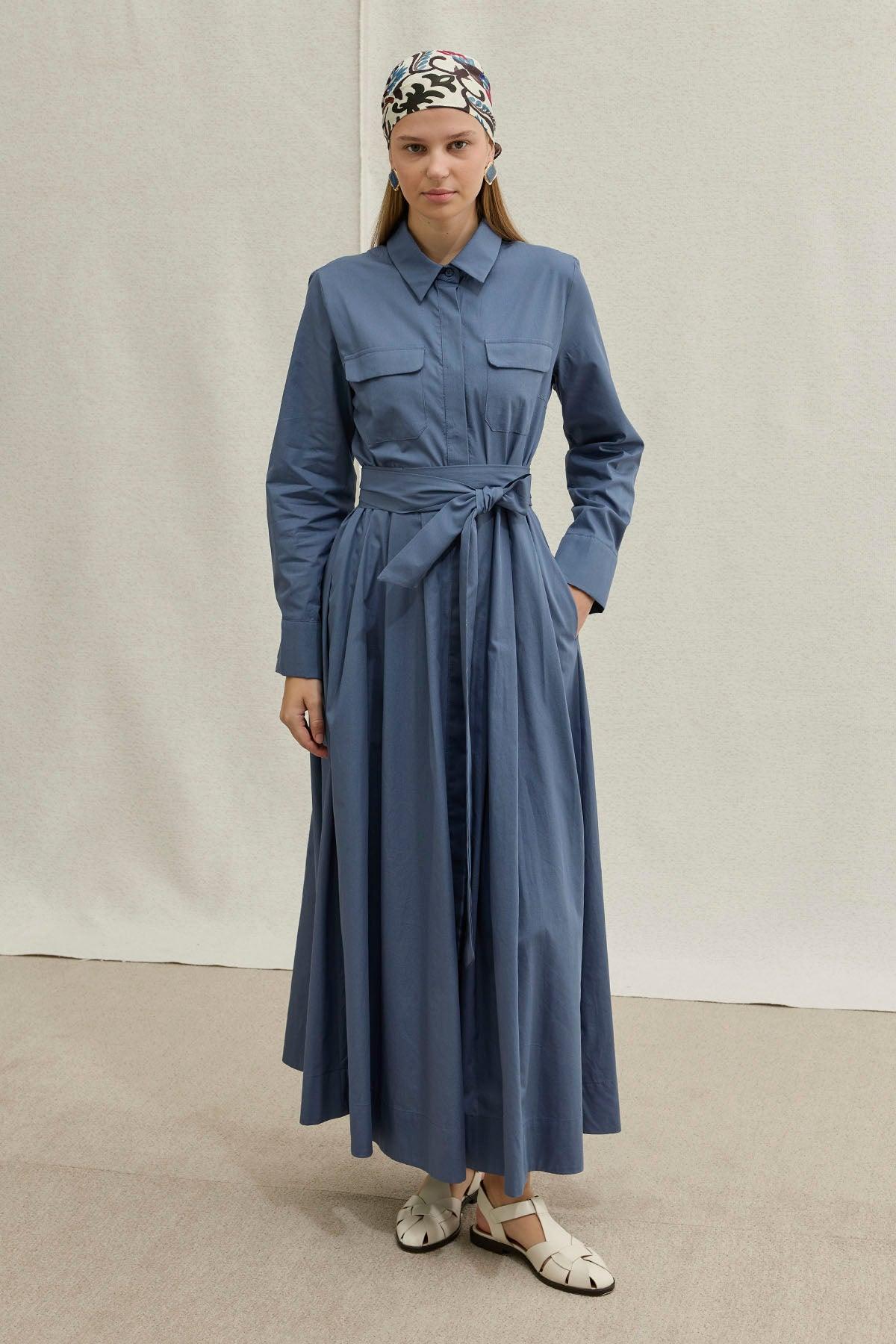 Soft Cotton Long Blue Dress with Belt