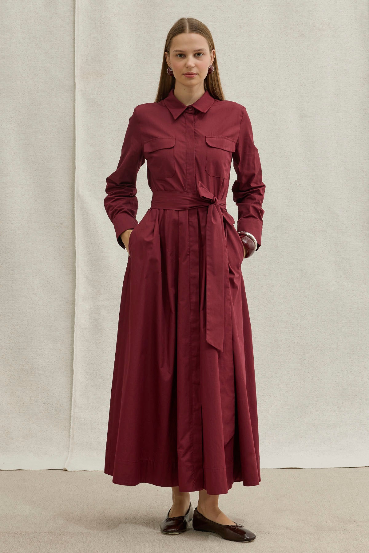 Soft Cotton Kuşaklı Uzun Bordo Elbise