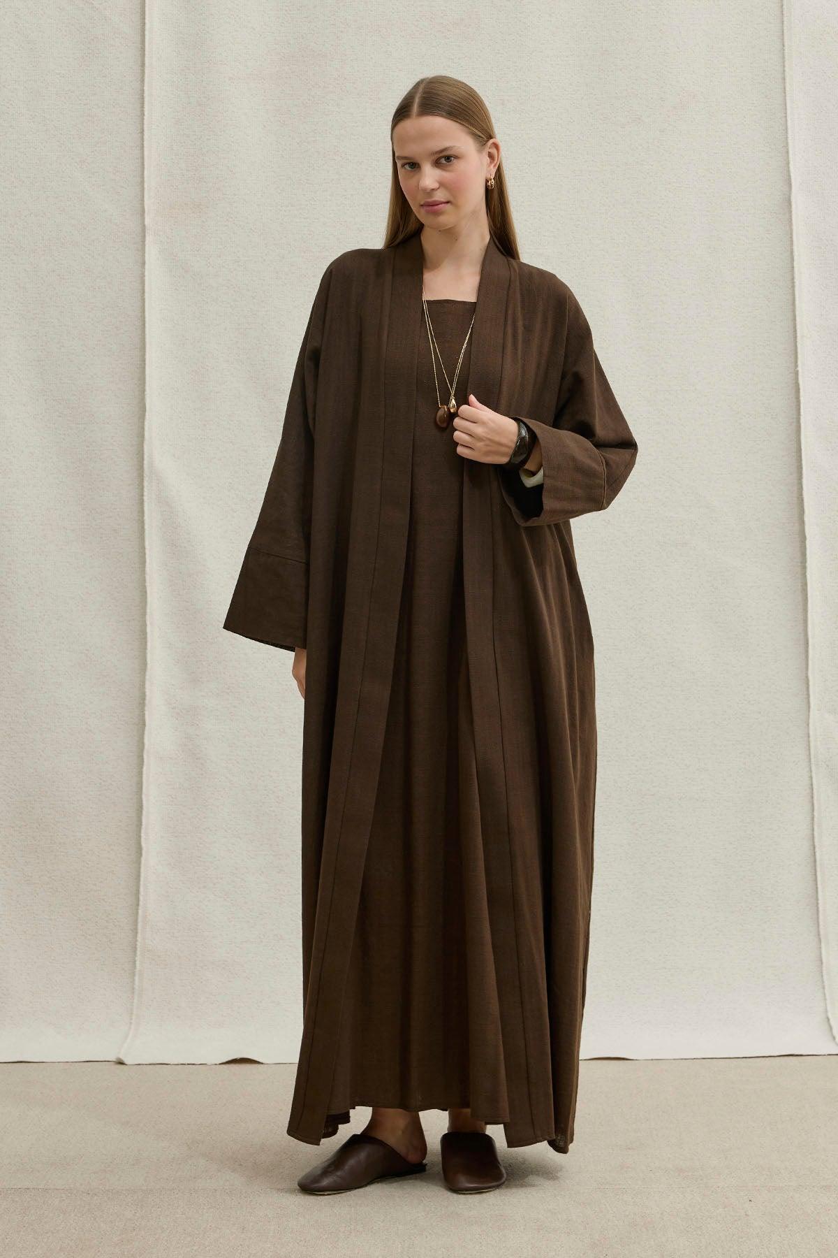 Soft Cotton Linen Two-Piece Brown Abaya Set