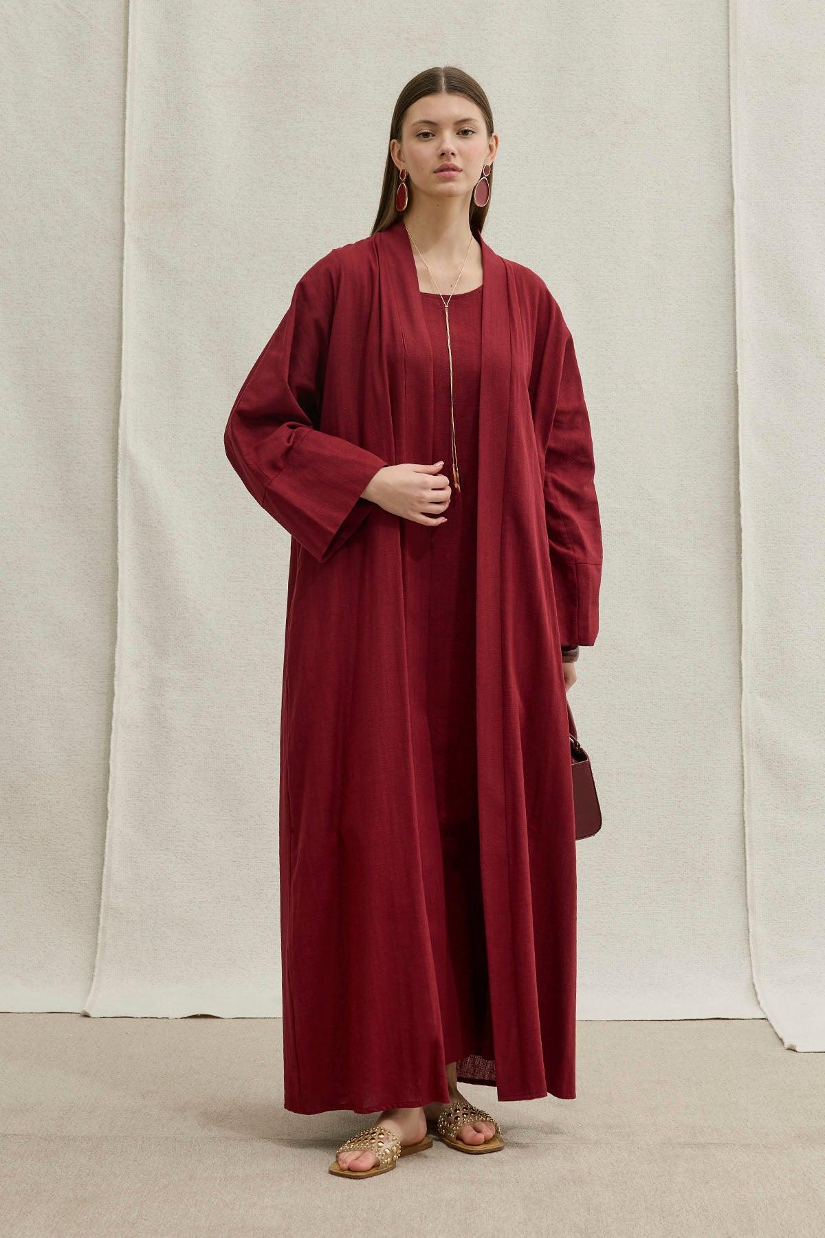 Soft Cotton Linen Two-Piece Burgundy Abaya Set