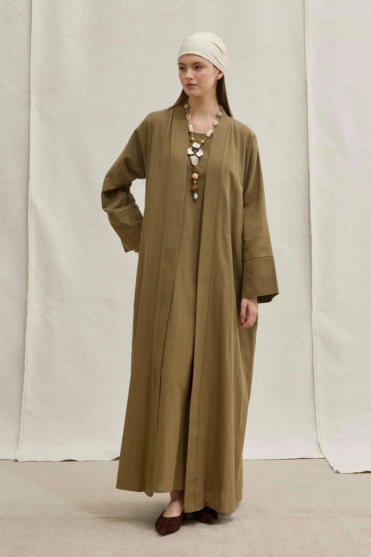 Soft Cotton Linen Two-Piece Khaki Abaya Set