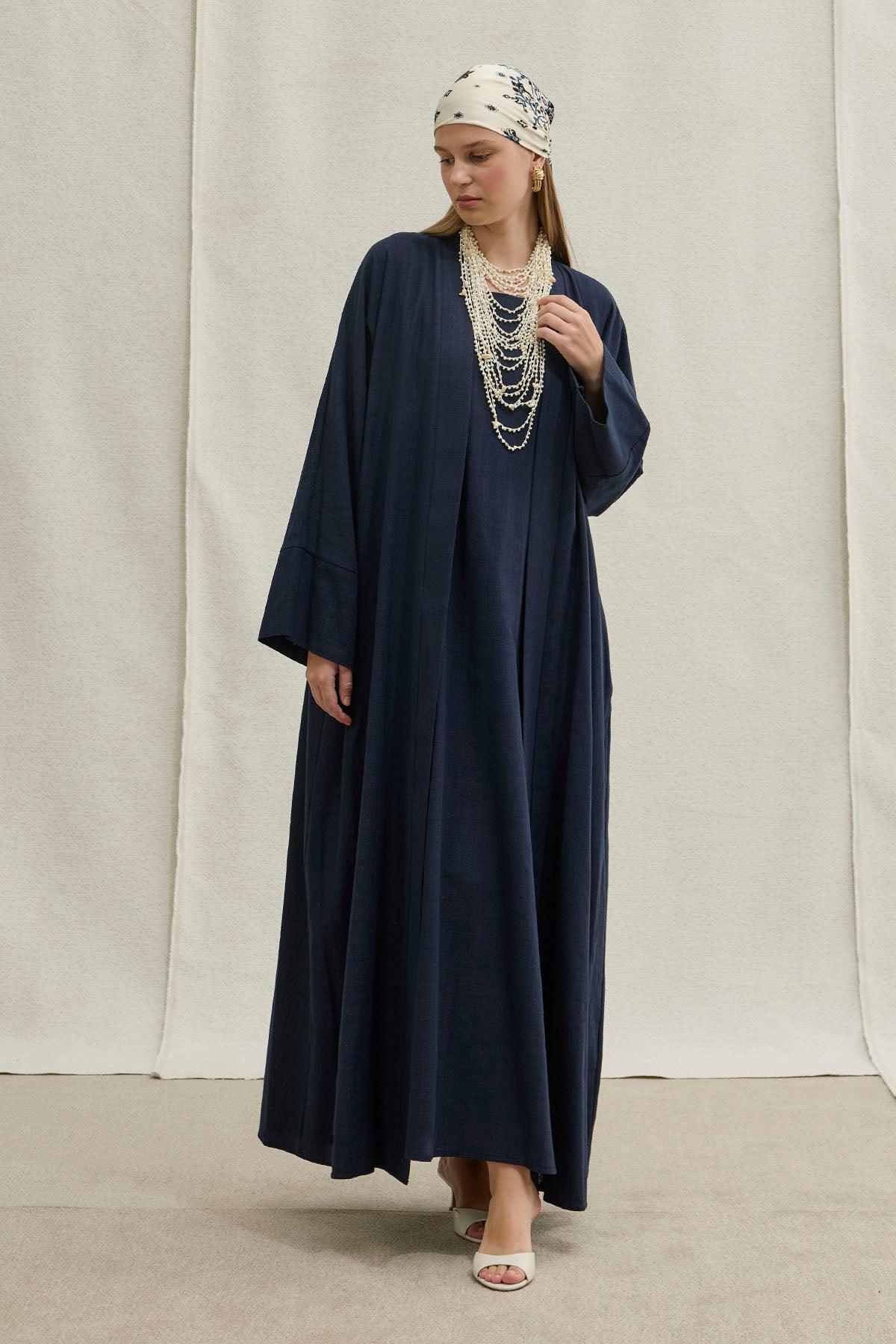 Soft Cotton Linen Two-Piece Navy Blue Abaya Set