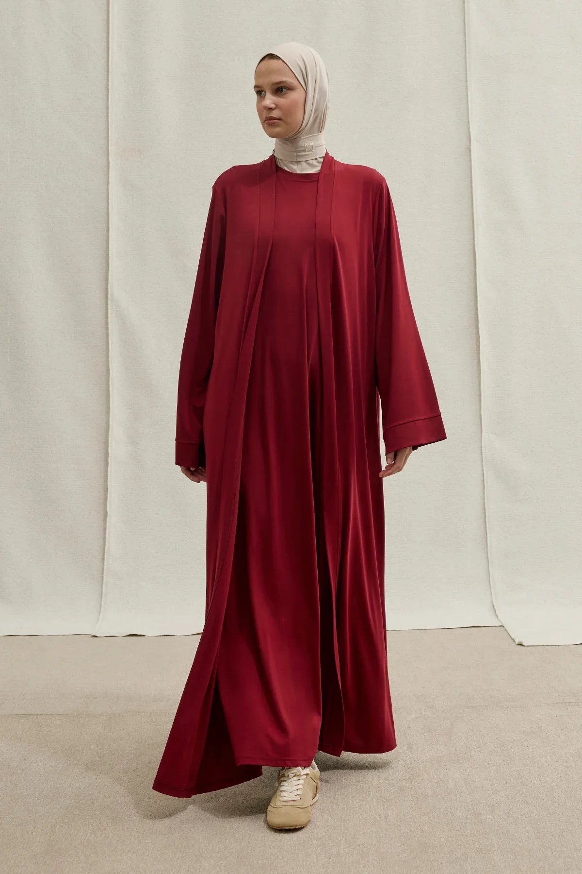 Active Modest Spor Geniş Kol Bordo İkili Abaya Takım