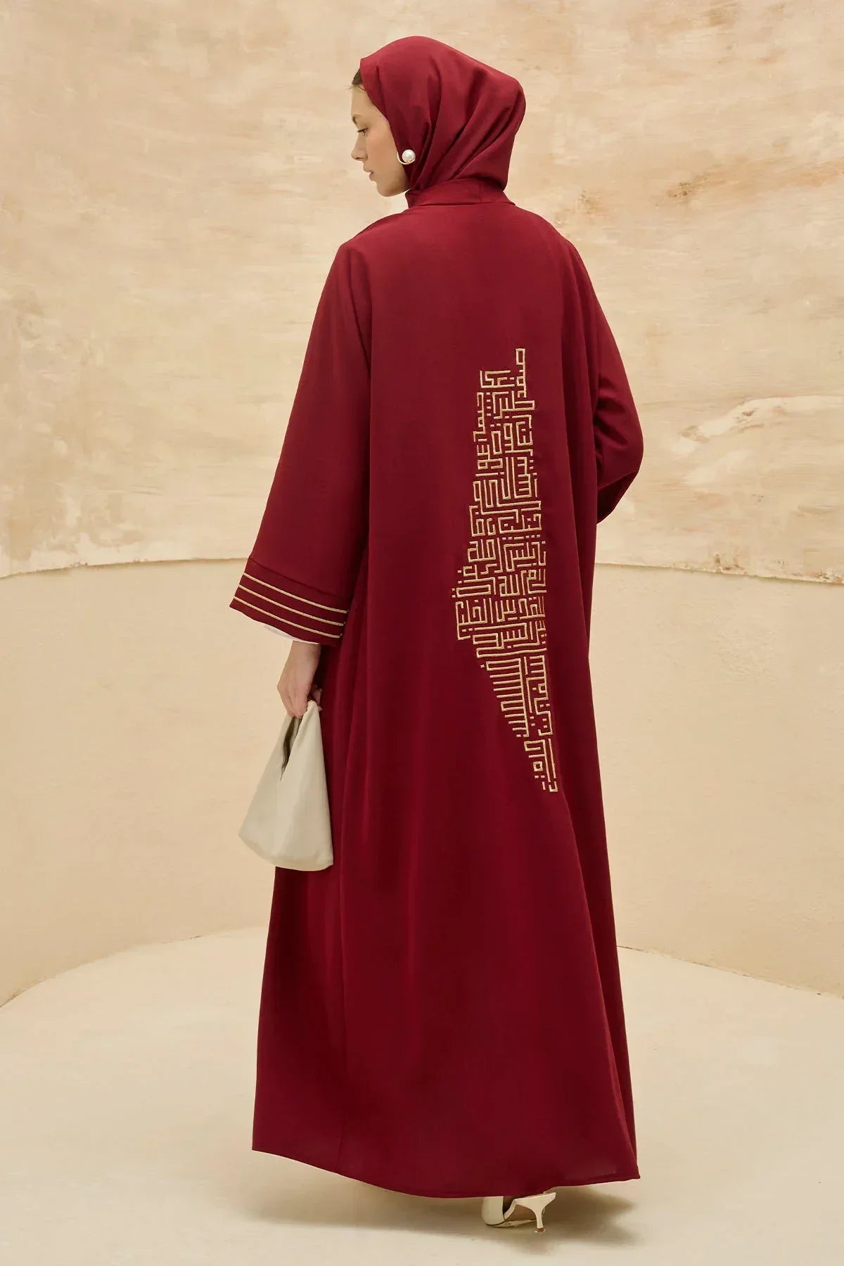 Design Back Geometric City Map Embroidered Burgundy Abaya