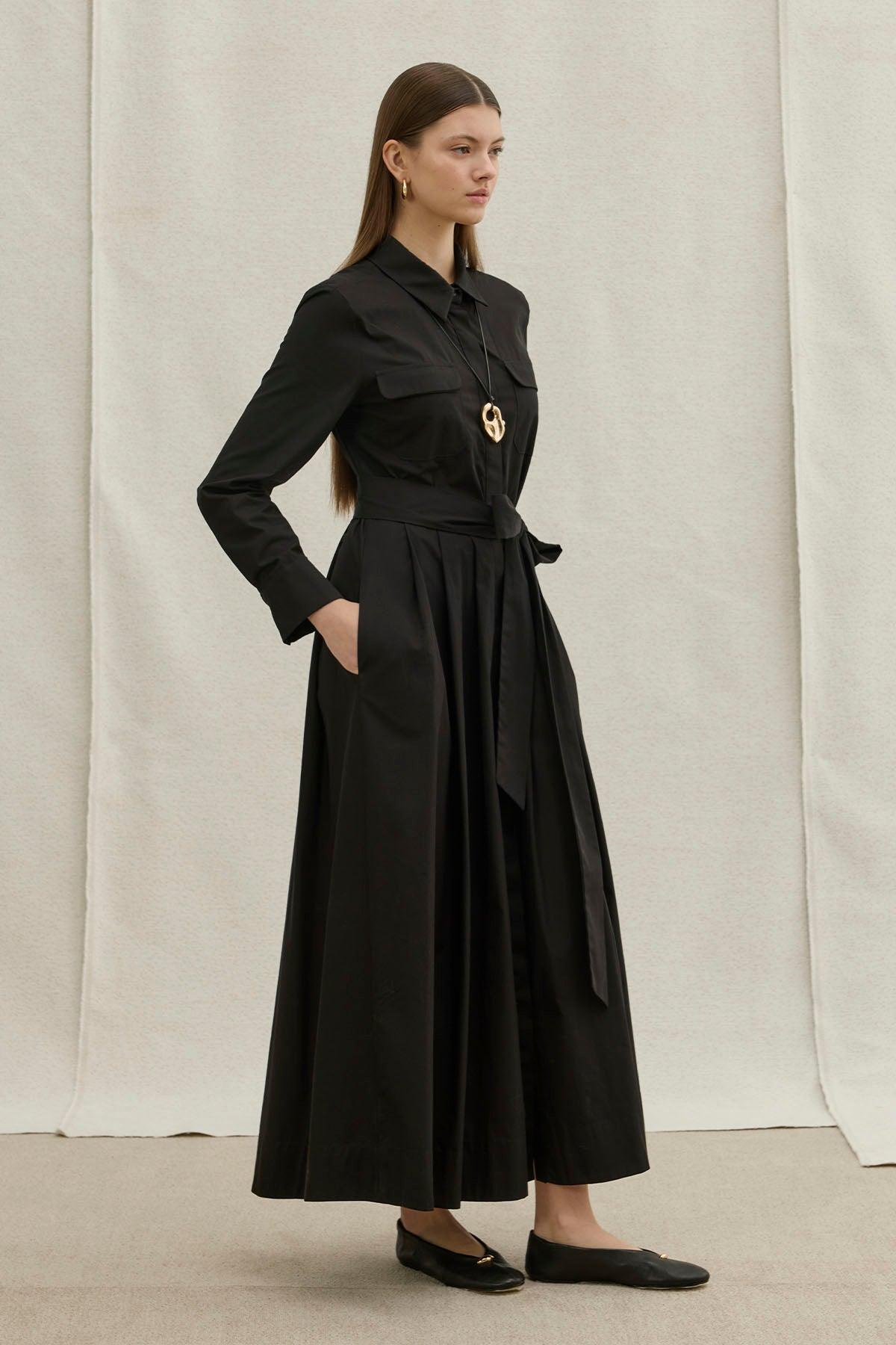 Soft Cotton Long Black Dress with Belt