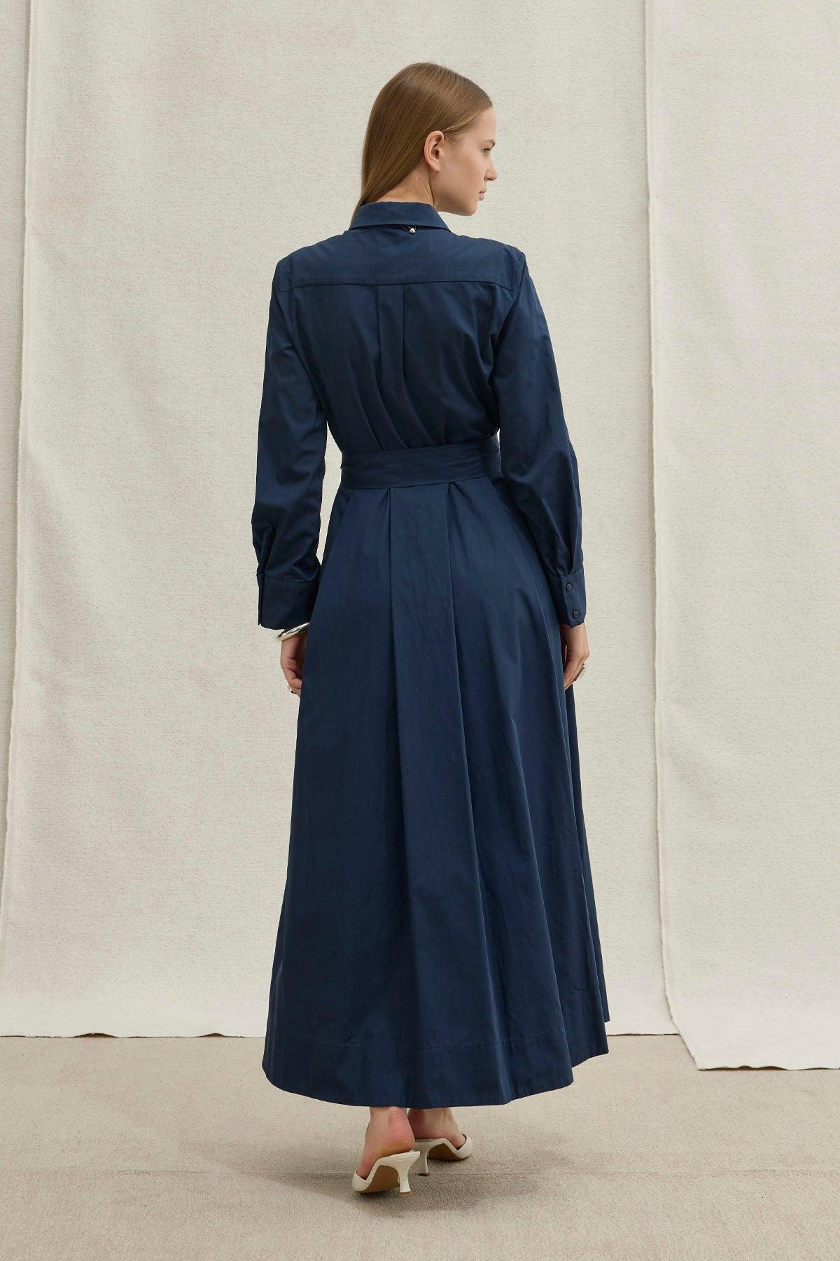 Soft Cotton Long Navy Dress with Belt