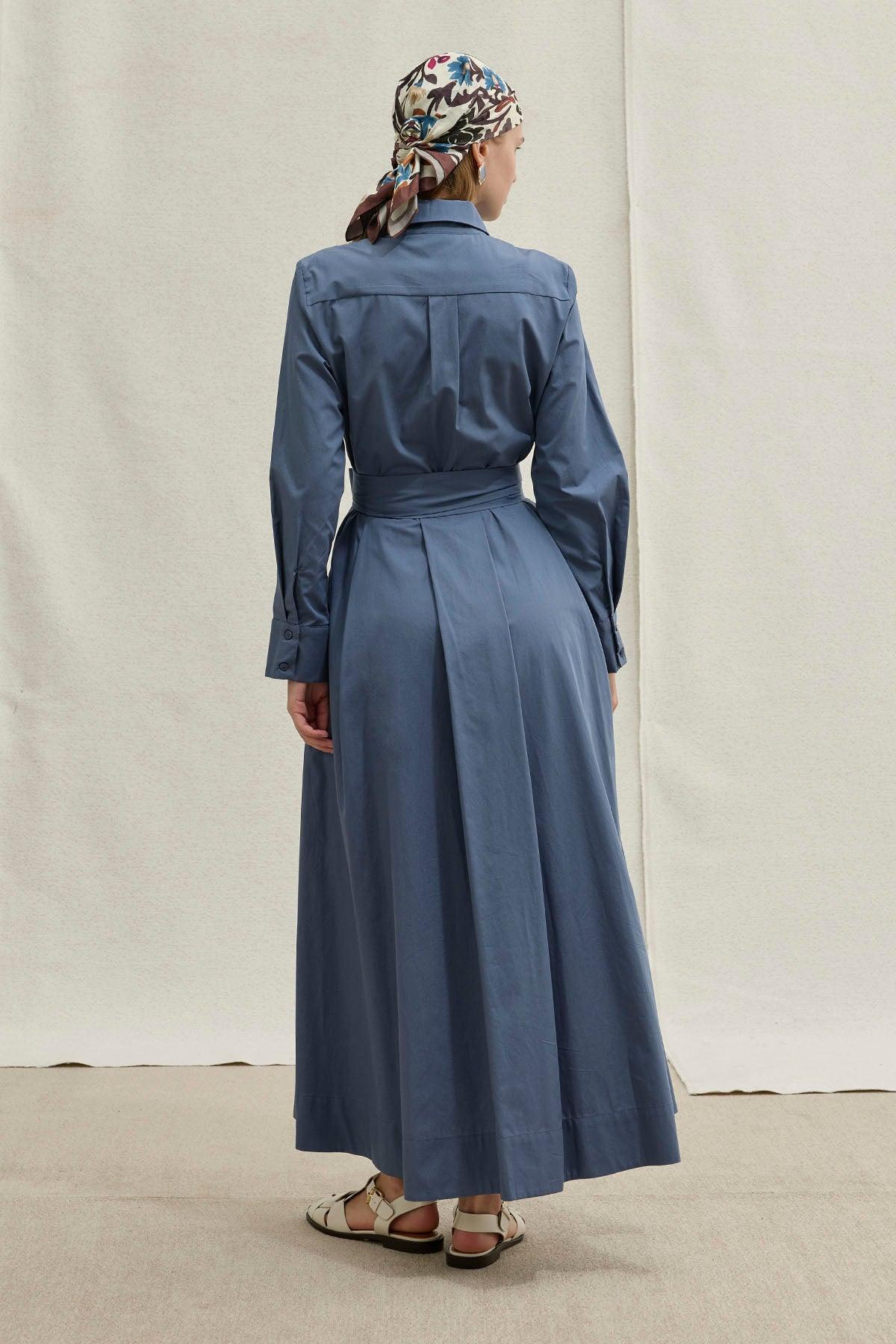 Soft Cotton Long Blue Dress with Belt
