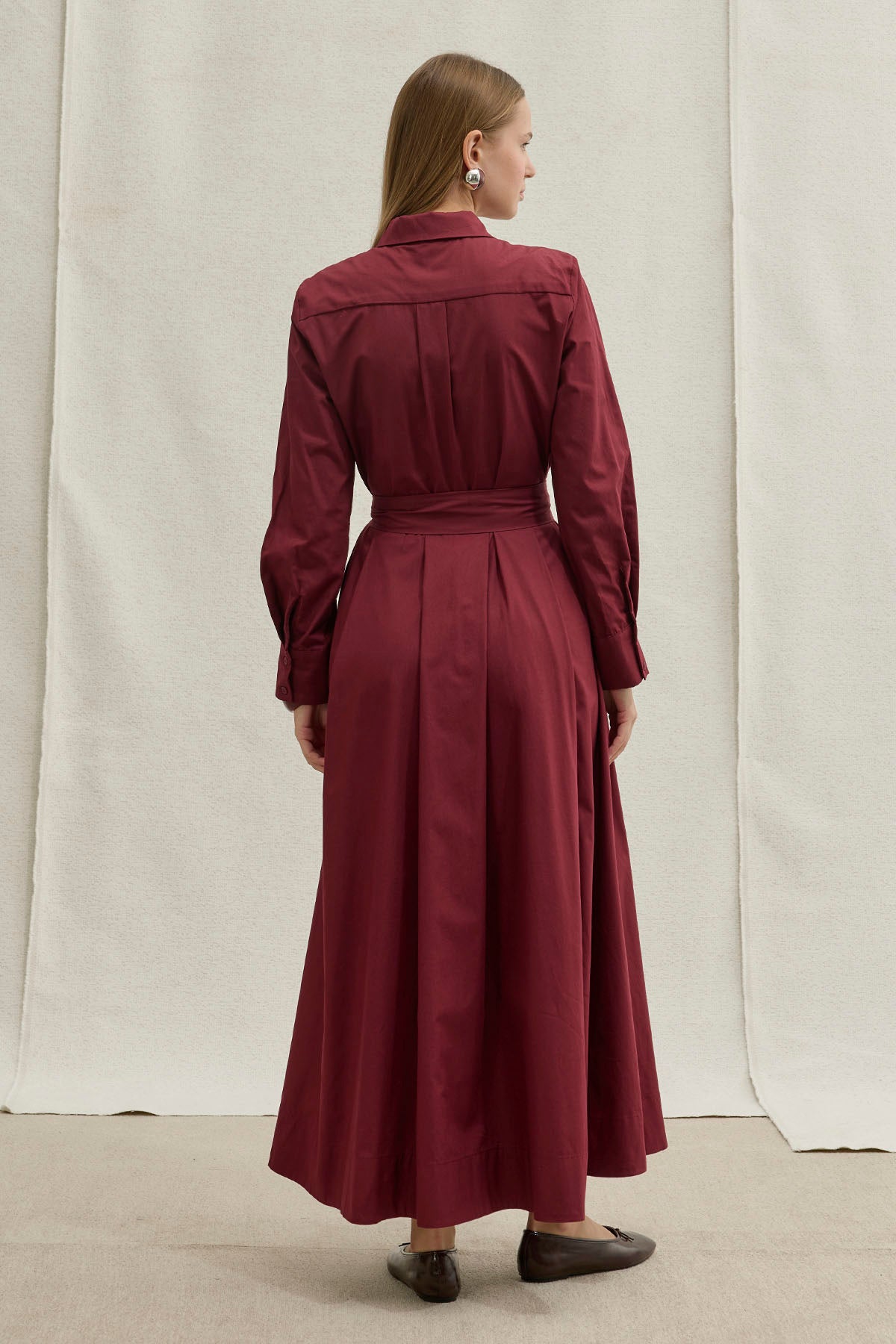 Soft Cotton Kuşaklı Uzun Bordo Elbise