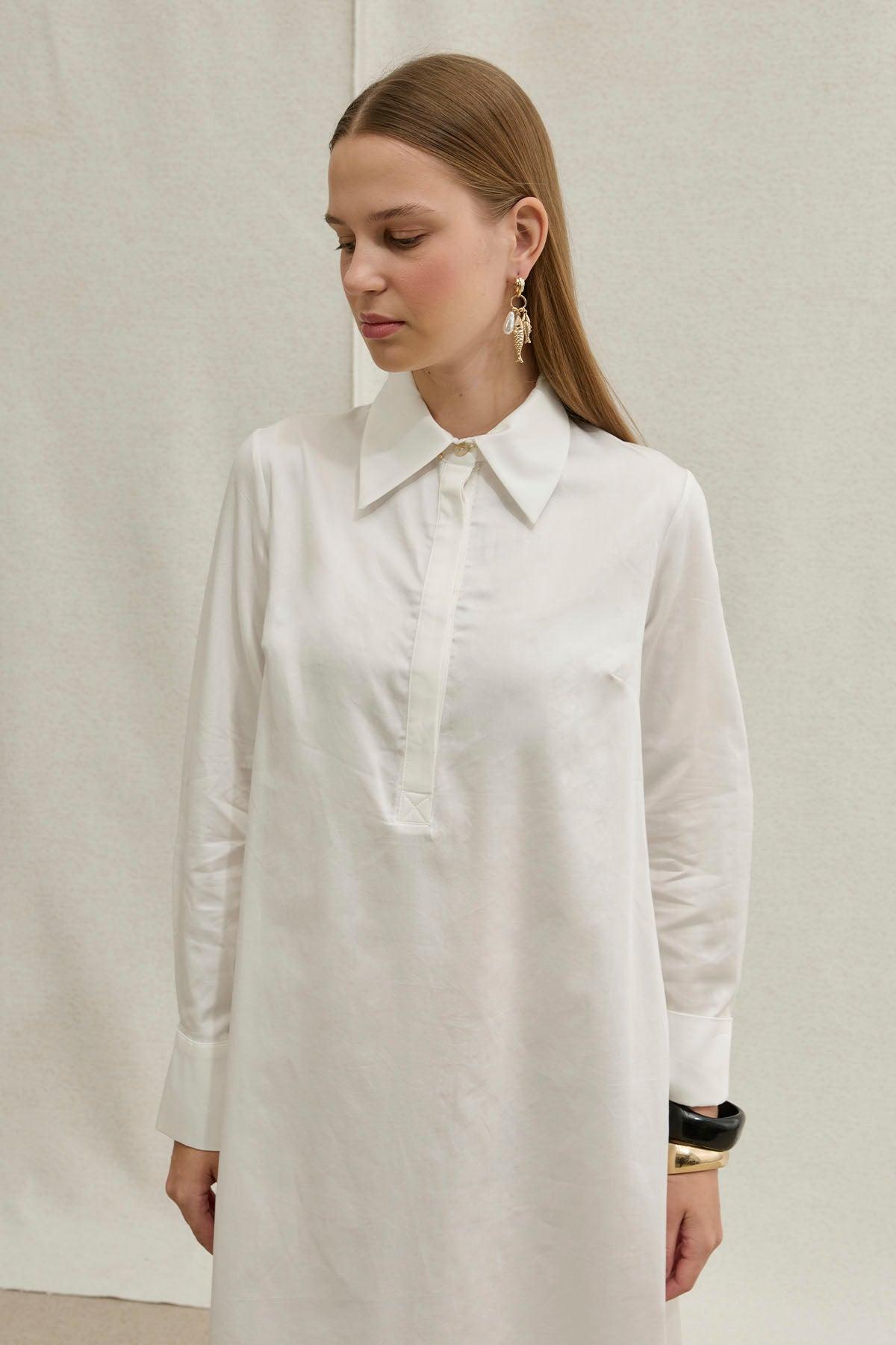 Soft Cotton Yarım Düğmeli Beyaz Uzun Gömlek Elbise