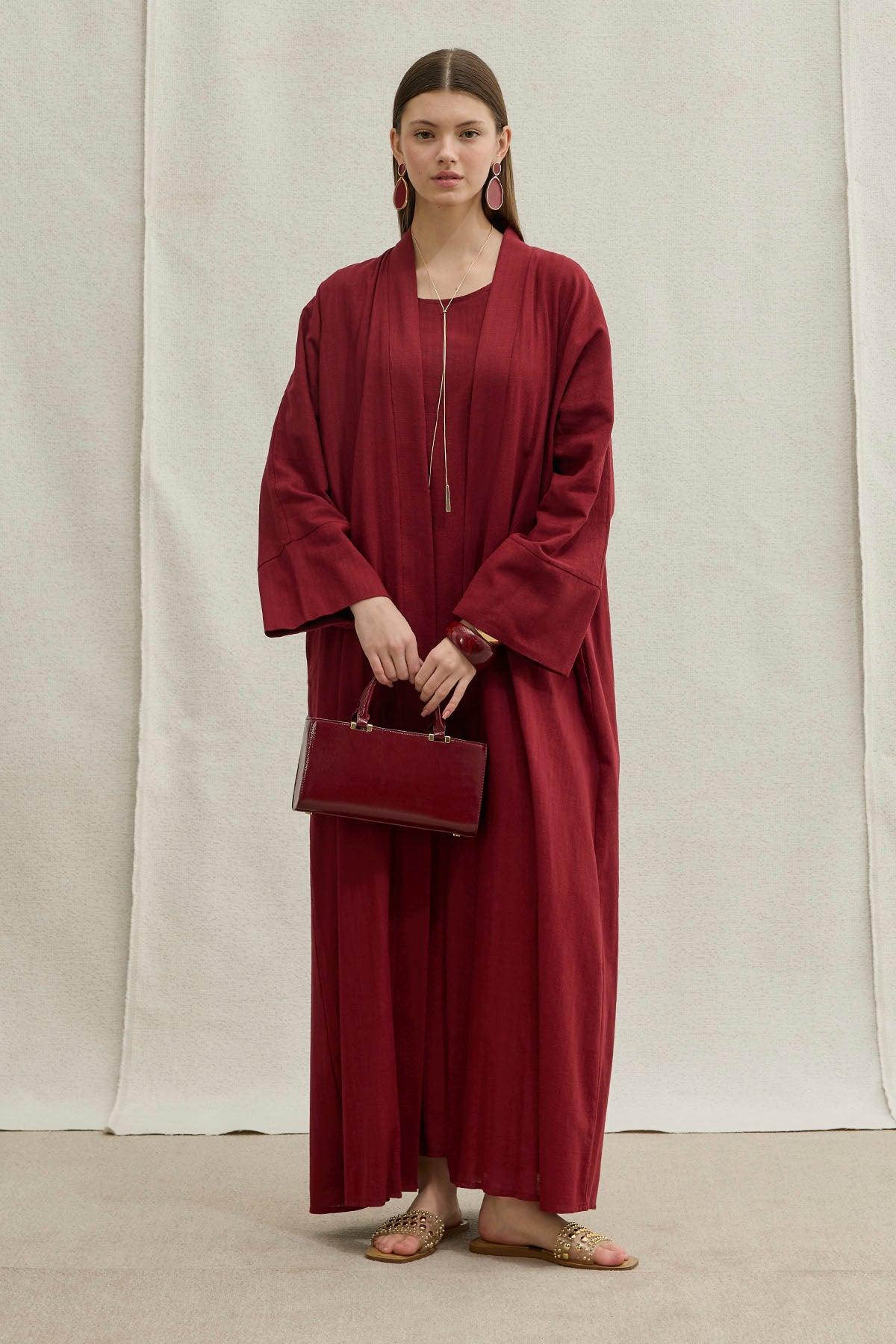 Soft Cotton Linen Two-Piece Burgundy Abaya Set