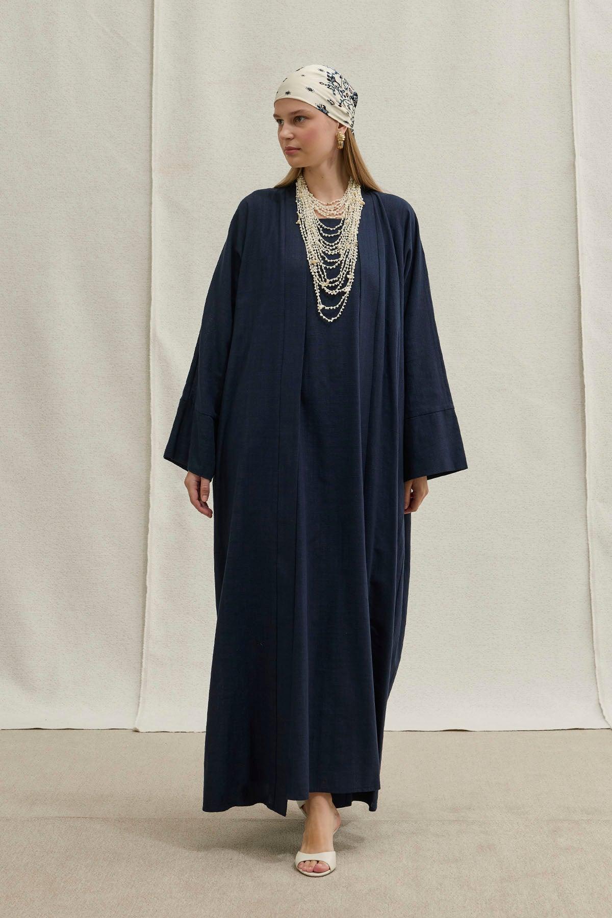 Soft Cotton Linen Two-Piece Navy Blue Abaya Set