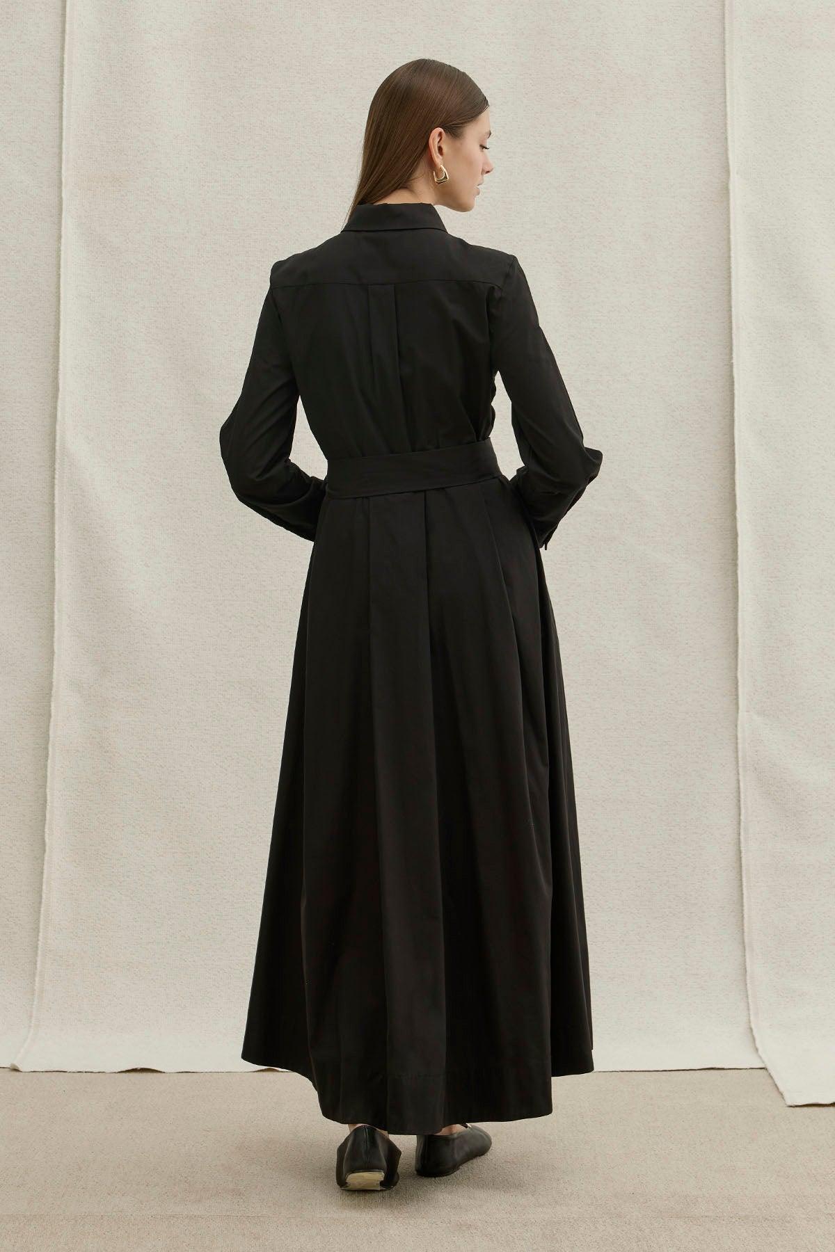 Soft Cotton Long Black Dress with Belt