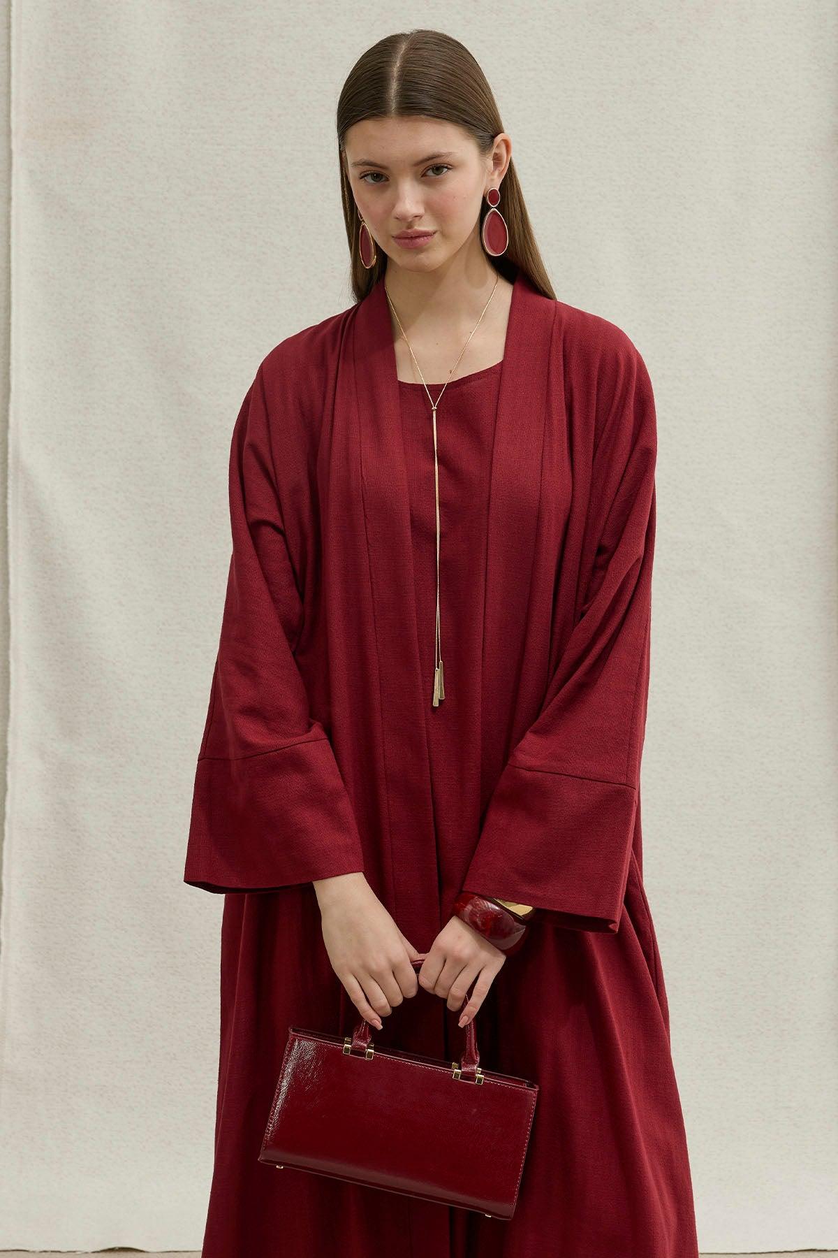 Soft Cotton Linen Two-Piece Burgundy Abaya Set