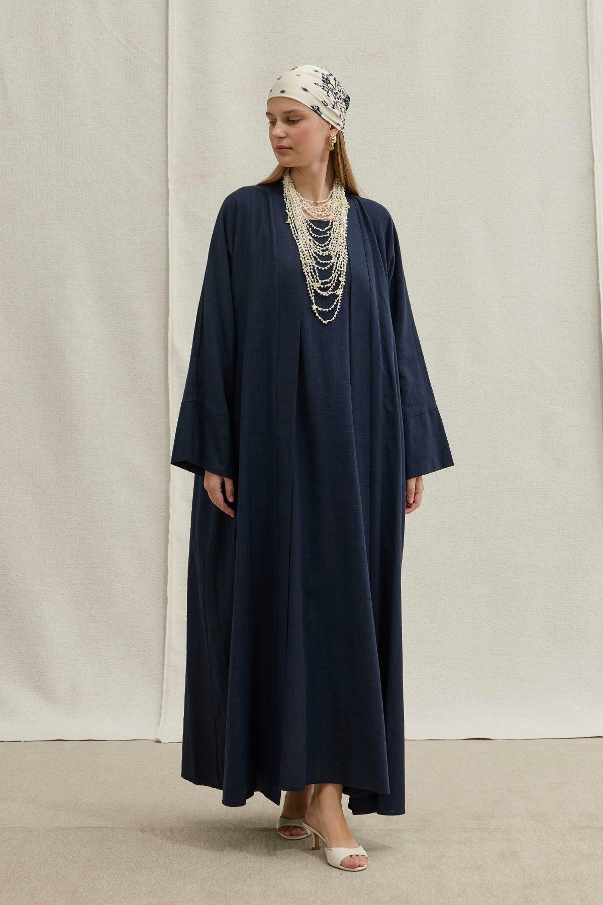 Soft Cotton Linen Two-Piece Navy Blue Abaya Set