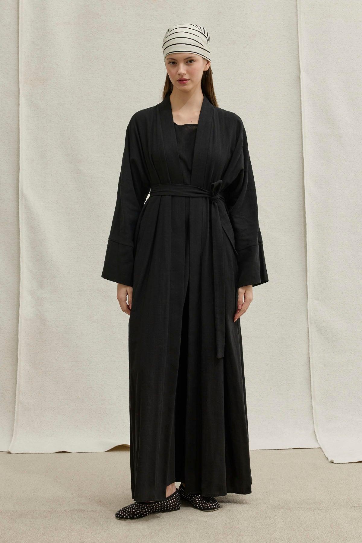 Soft Cotton Linen Two-Piece Black Abaya Set