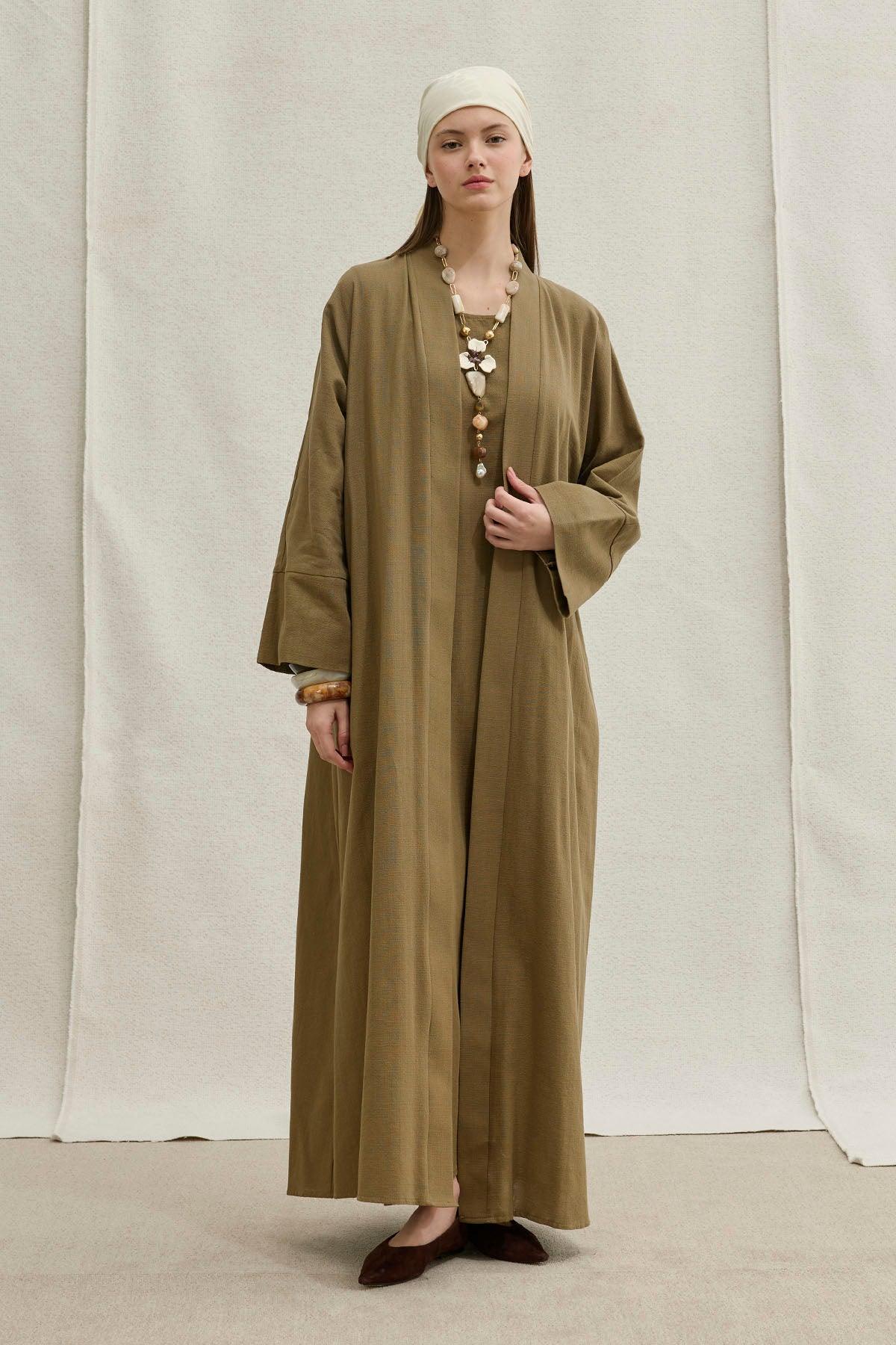 Soft Cotton Linen Two-Piece Khaki Abaya Set