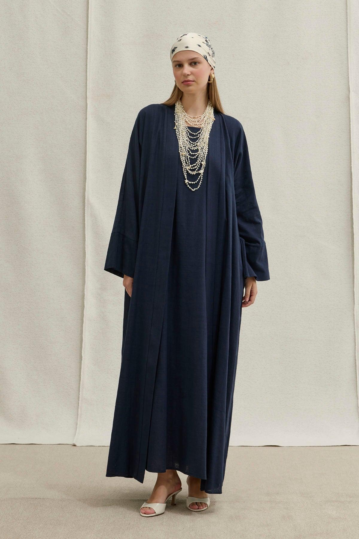 Soft Cotton Linen Two-Piece Navy Blue Abaya Set