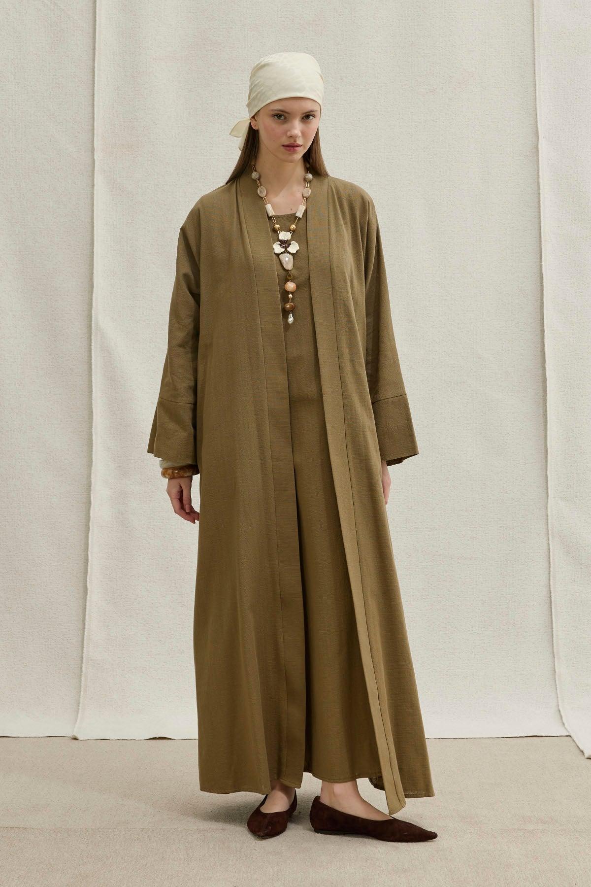 Soft Cotton Linen Two-Piece Khaki Abaya Set