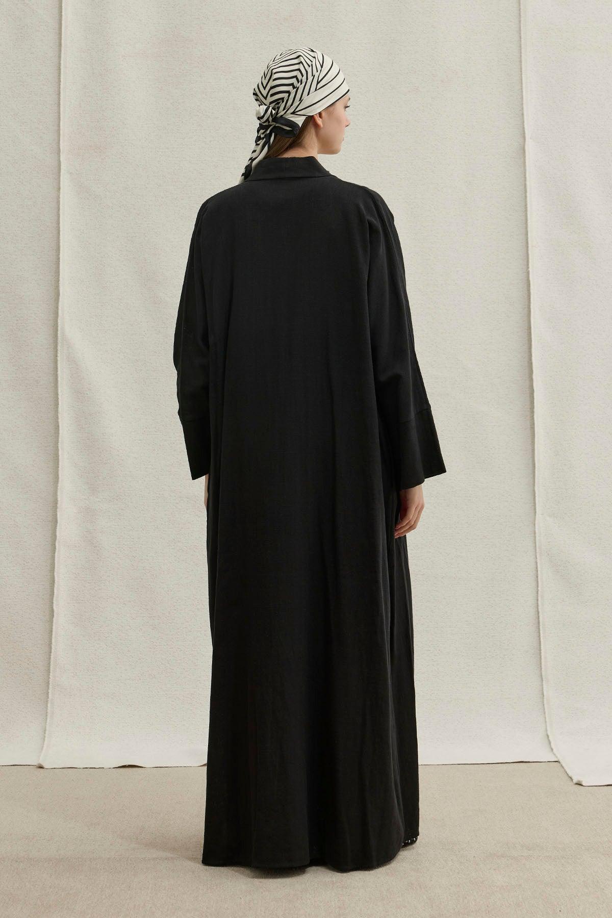 Soft Cotton Linen Two-Piece Black Abaya Set