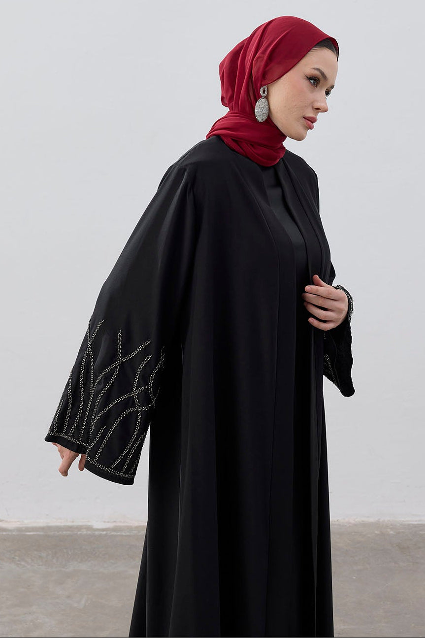 Boncuk Nakışlı Dubai Kumaş Abaya