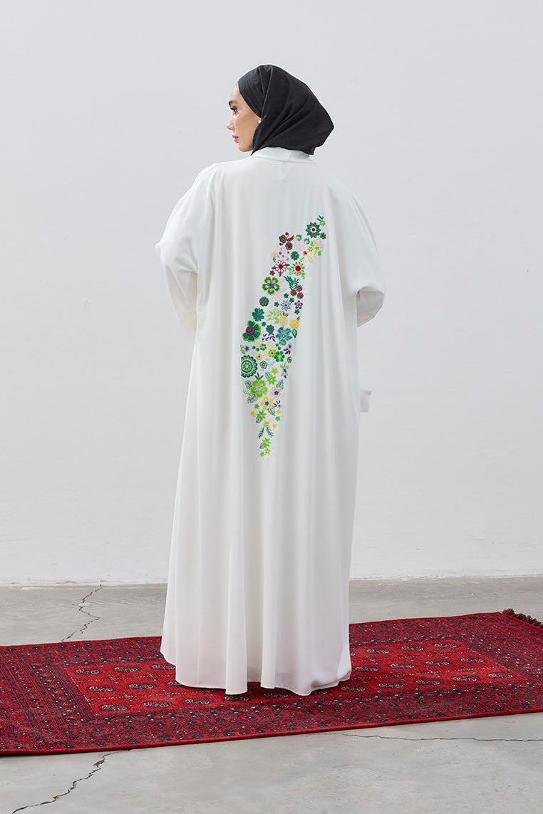 Tasarım Sırt Çiçek Motifli Nakış İşlemeli Abaya