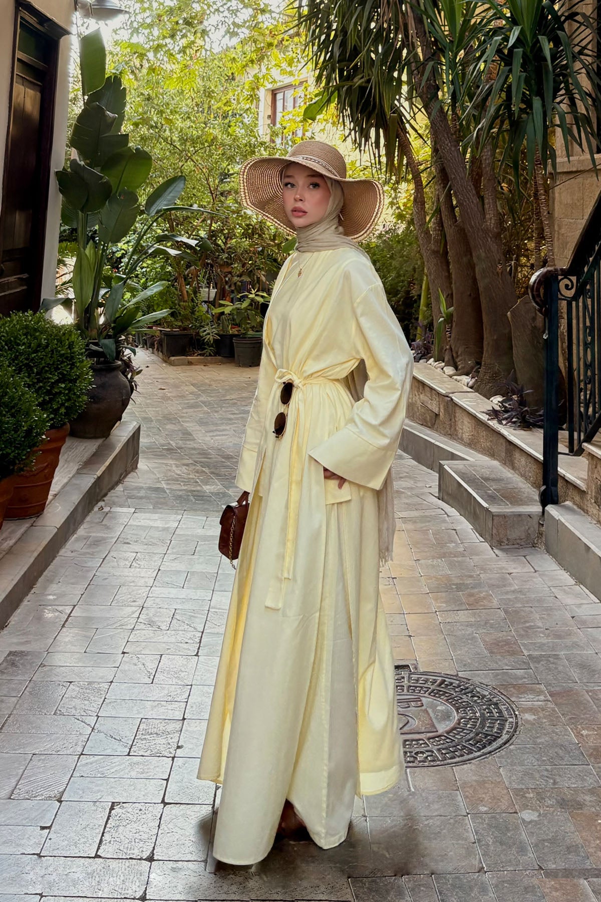 Keten Yırtmaçlı Abaya Nervür Pantolon Sarı Takım