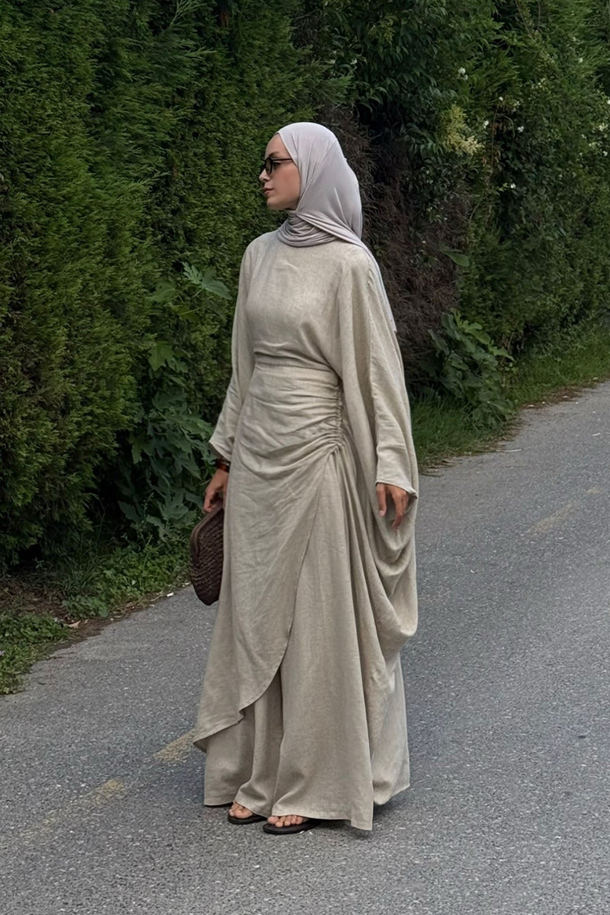 Keten Yarasa Kol Taş Pantolonlu Takım