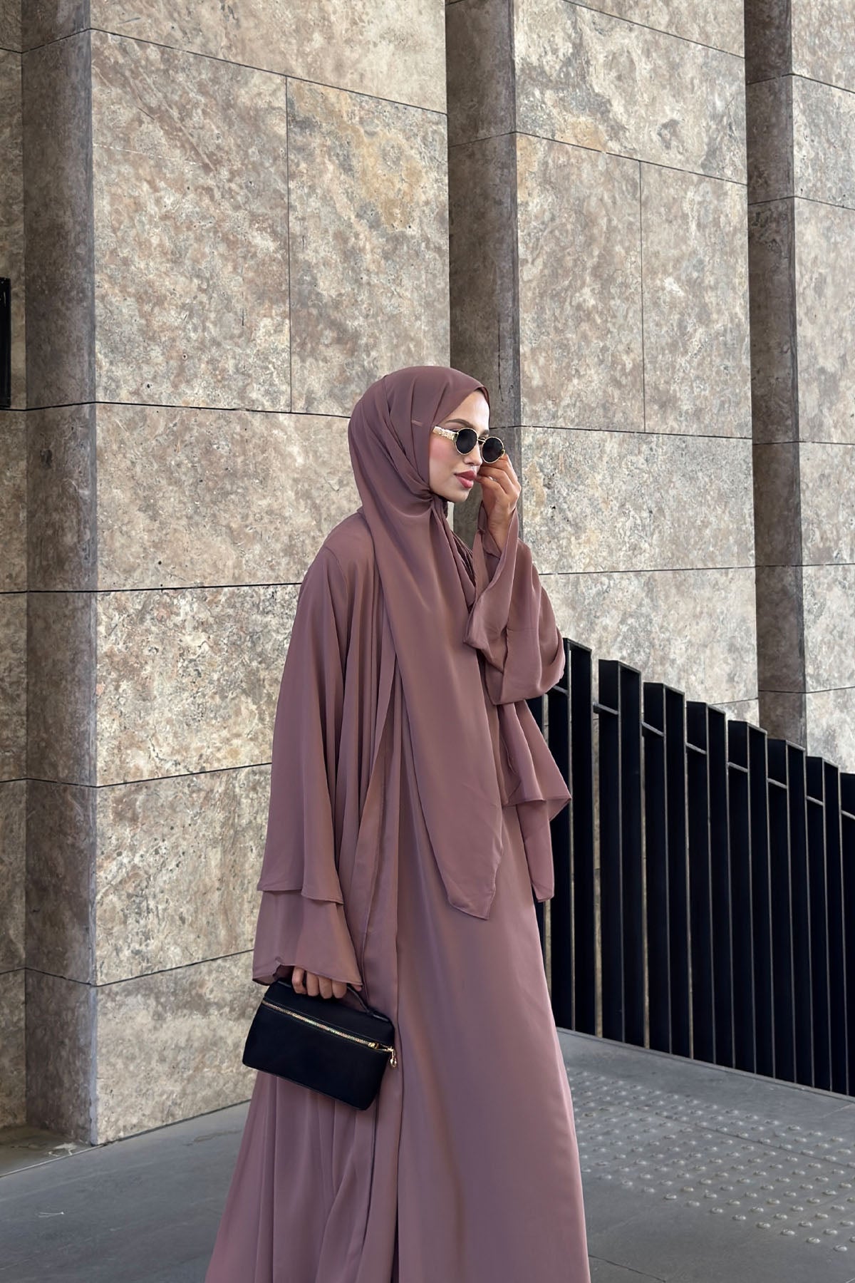 Şifon Elbise Şal Aksesuarlı Gül Kurusu  Üçlü Abaya Takım
