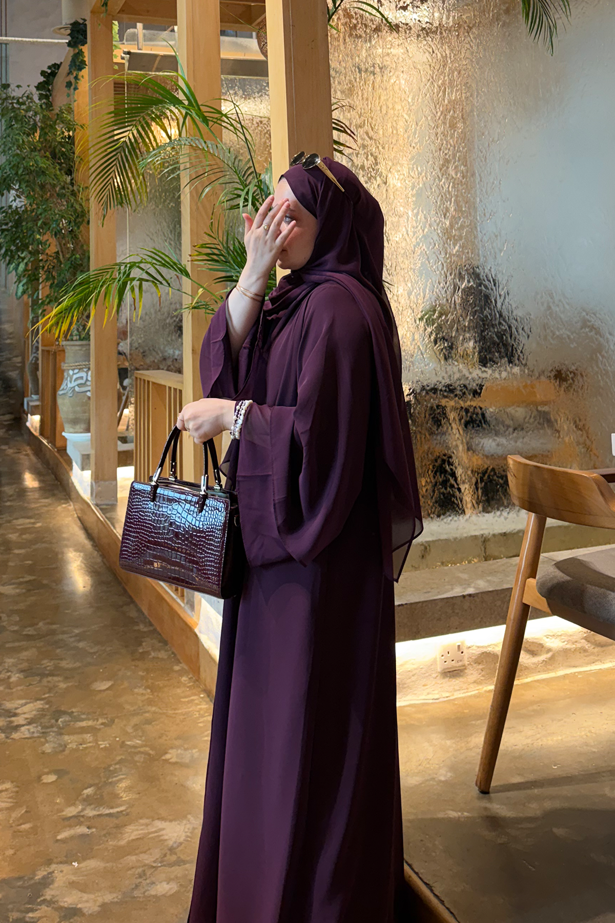 Şifon Elbise Şal Aksesuarlı Mor  Üçlü Abaya Takım